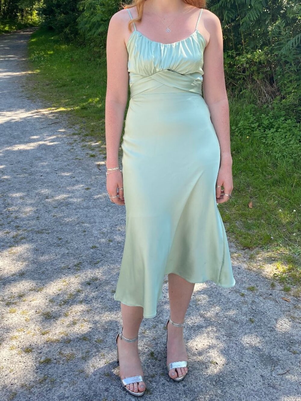 Pale green satin occasion dress by QUIZ, women's size 6